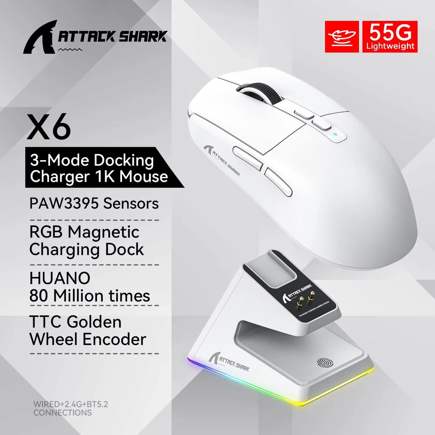 X6 Pixart PAW3395 Mouse , Bluetooth Tri-Mode Connection, RGB Touch Magnetic Charging Base, Macro Gaming Mouse