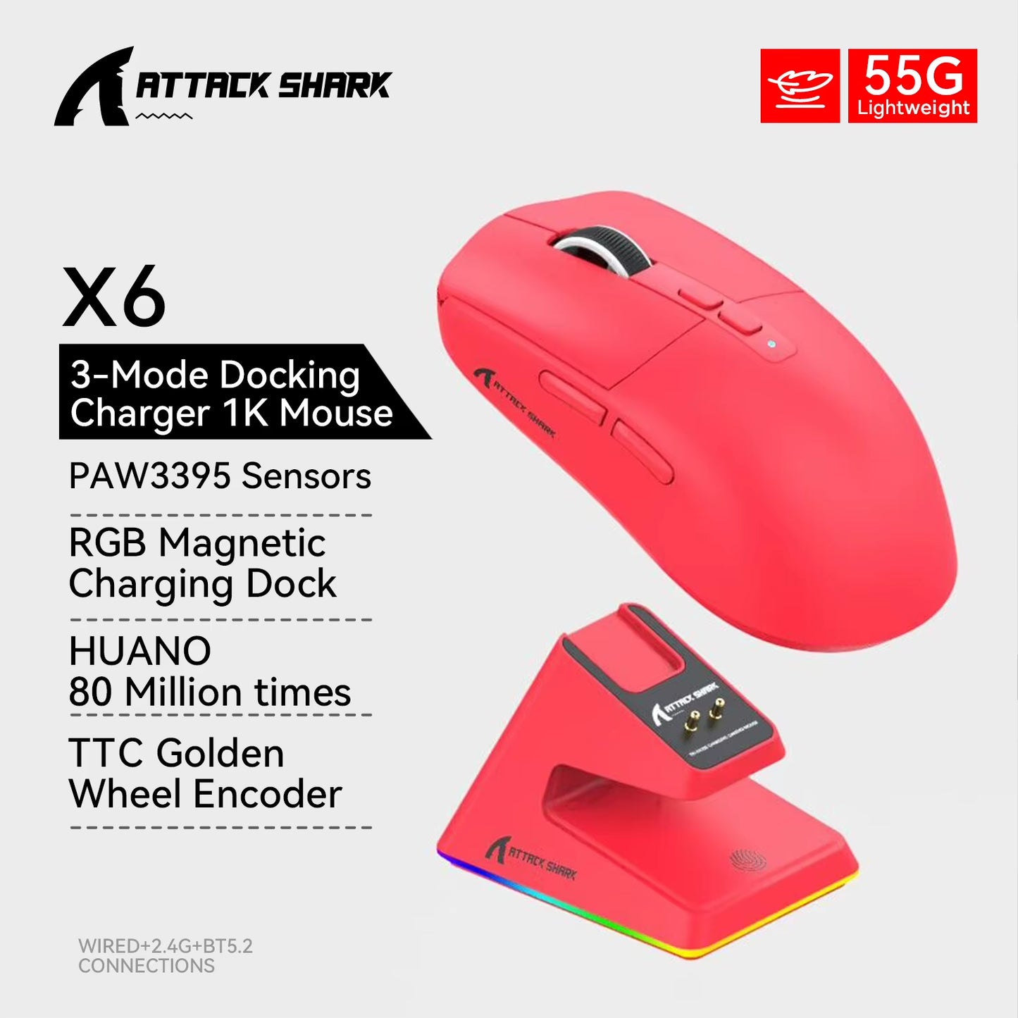 X6 Pixart PAW3395 Mouse , Bluetooth Tri-Mode Connection, RGB Touch Magnetic Charging Base, Macro Gaming Mouse