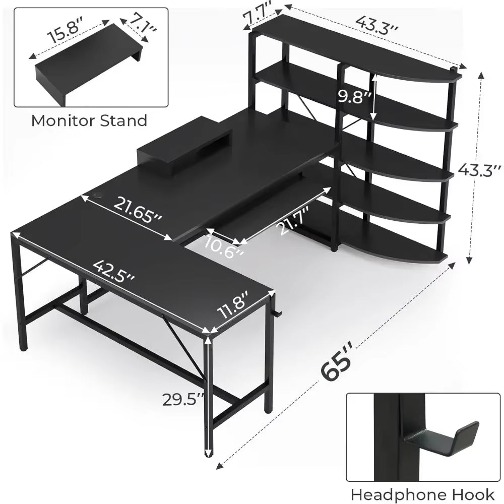 L Shaped Gaming Desk, 65'' Corner Gaming Desk, Computer Desk with Storage Shelves, Keyboard Tray, Monitor Stand