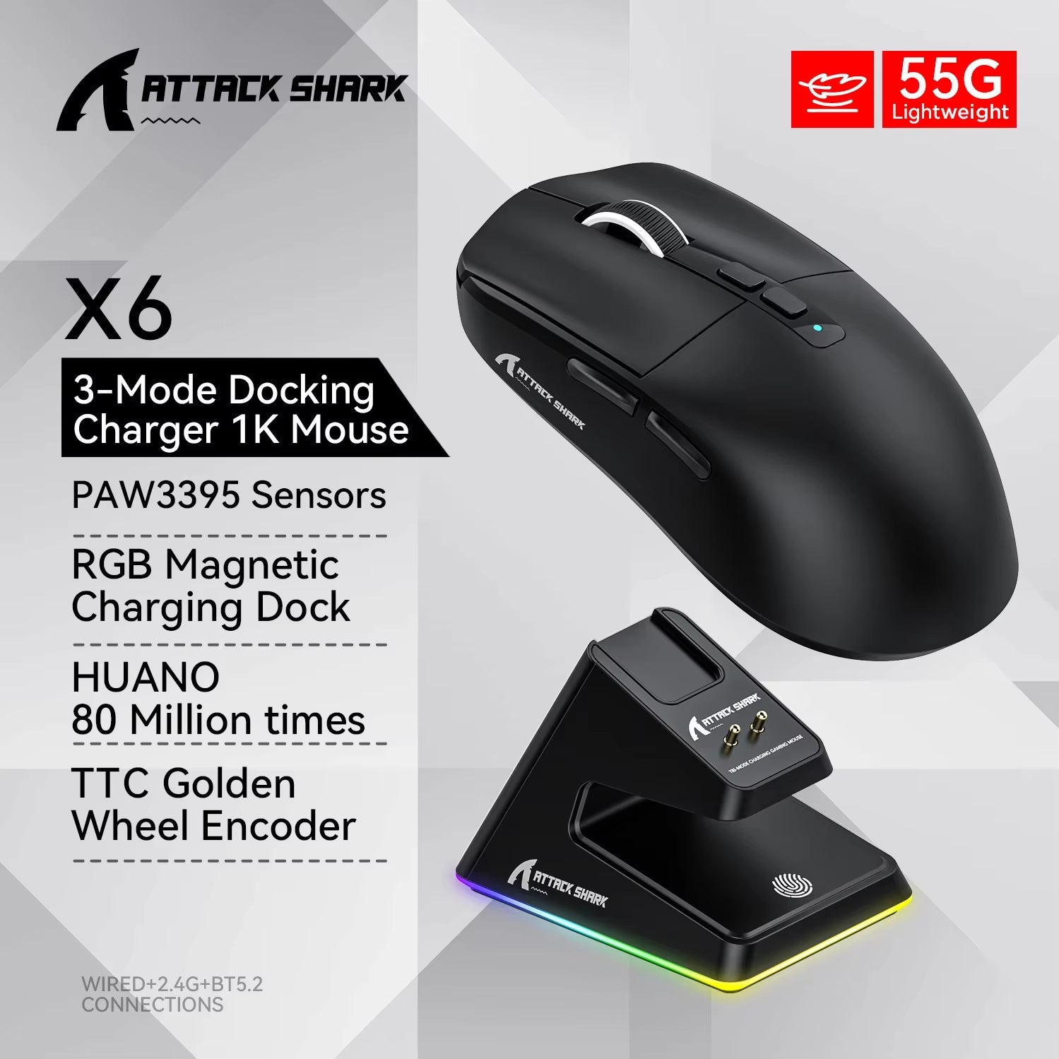 X6 Pixart PAW3395 Mouse , Bluetooth Tri-Mode Connection, RGB Touch Magnetic Charging Base, Macro Gaming Mouse